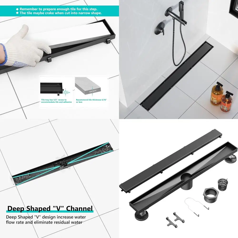 

Матовый черный линейный душевой трап 18 дюймов с двойной крышкой для плитки и латунной вставки, нержавеющая сталь 304