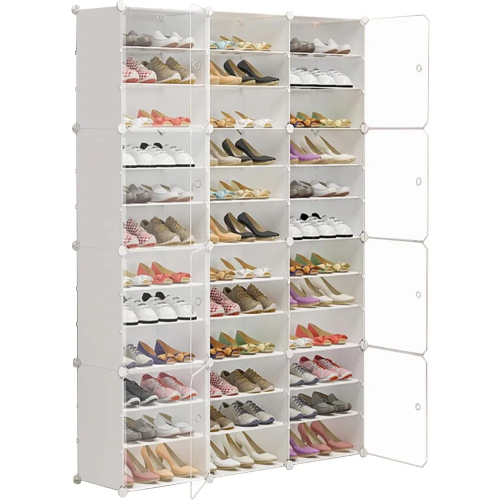 

Portable Shoe Rack Organizer 72 Pair, Enclosed DIY Shoe Storage, White Plastic Closet Shoe Organizer with Transparent Door, Shoe