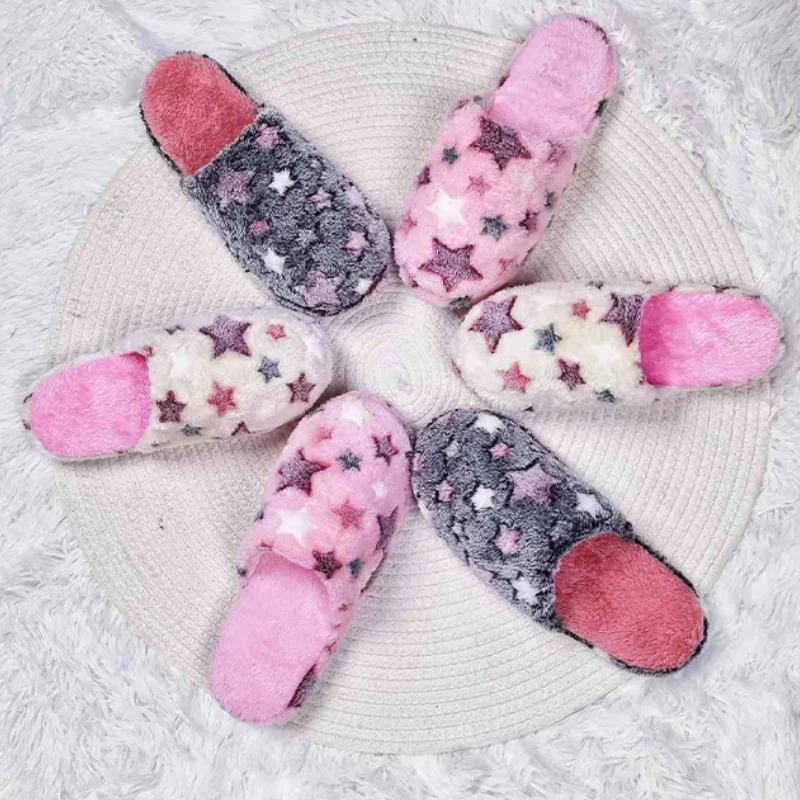Five-pointed Stars Women Home Soft Slippers Couples Winter Indoor Warm Bedroom Plush Slides Adults Cozy Quiet Plush Flat Sandals