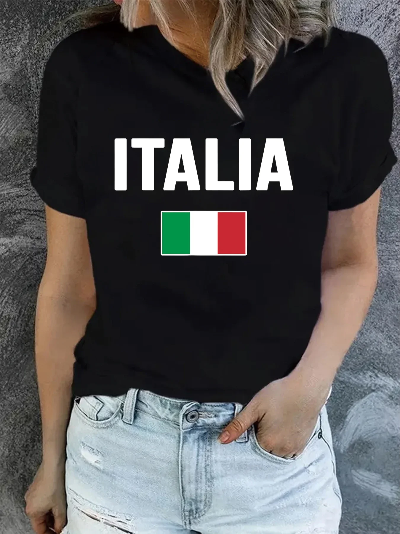 Italian flag print creative design women's T-shirt top summer round neck short sleeved fashionable graphic t shirt