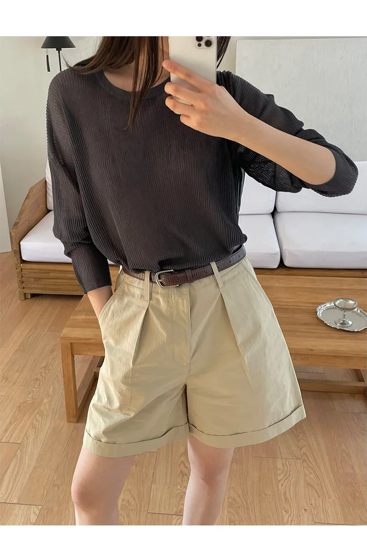 Summer women\'s casual solid color high waisted loose shorts