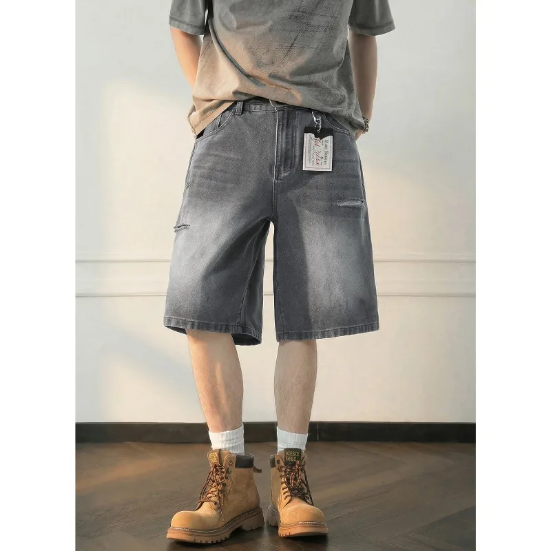 Knife-cut Ripped Denim Shorts Summer Retro Washed Trendy Brand Medium Pants Straight Loose Casual Five-point Pants
