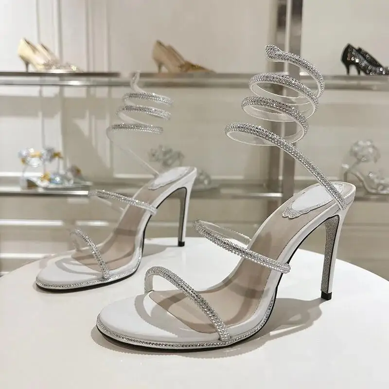 2025 Crystal High Heels Sandals For Women Open Toe Ankle Snake Around Designer Rhinestone Silver Dress Party Wedding Shoes Woman
