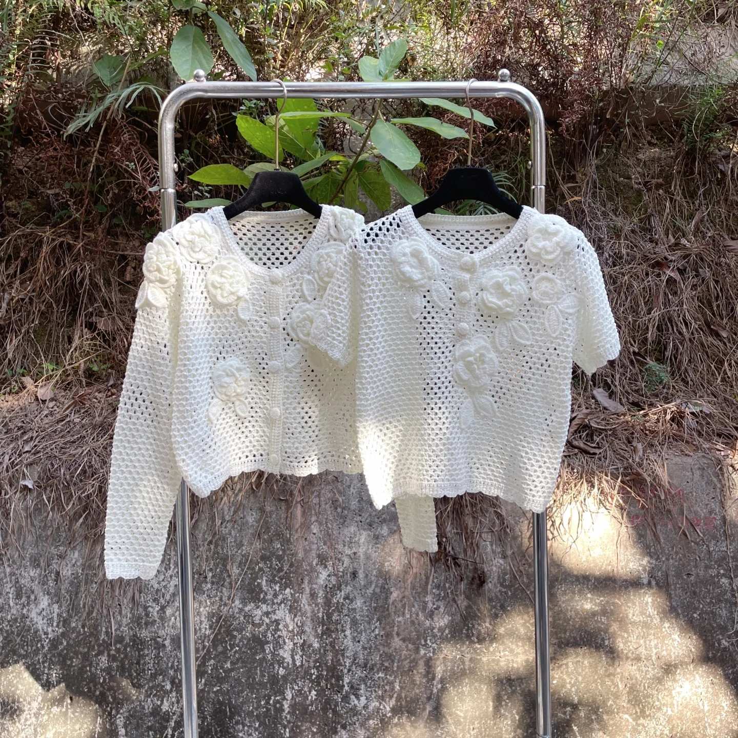 

Romantic Atmosphere 2026 Spring Summer White Knitted Short Sleeve round Neck Hollow out 3D Crochet Women's Top French Style