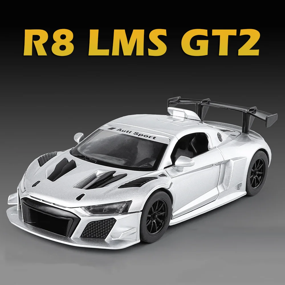 Coche de aleación R8 LMS GT2 A6L 1:24, modelo fundido a presión, juguetes, sonido, luz, vehículos en miniatura, puertas, coches abiertos, regalos para niños