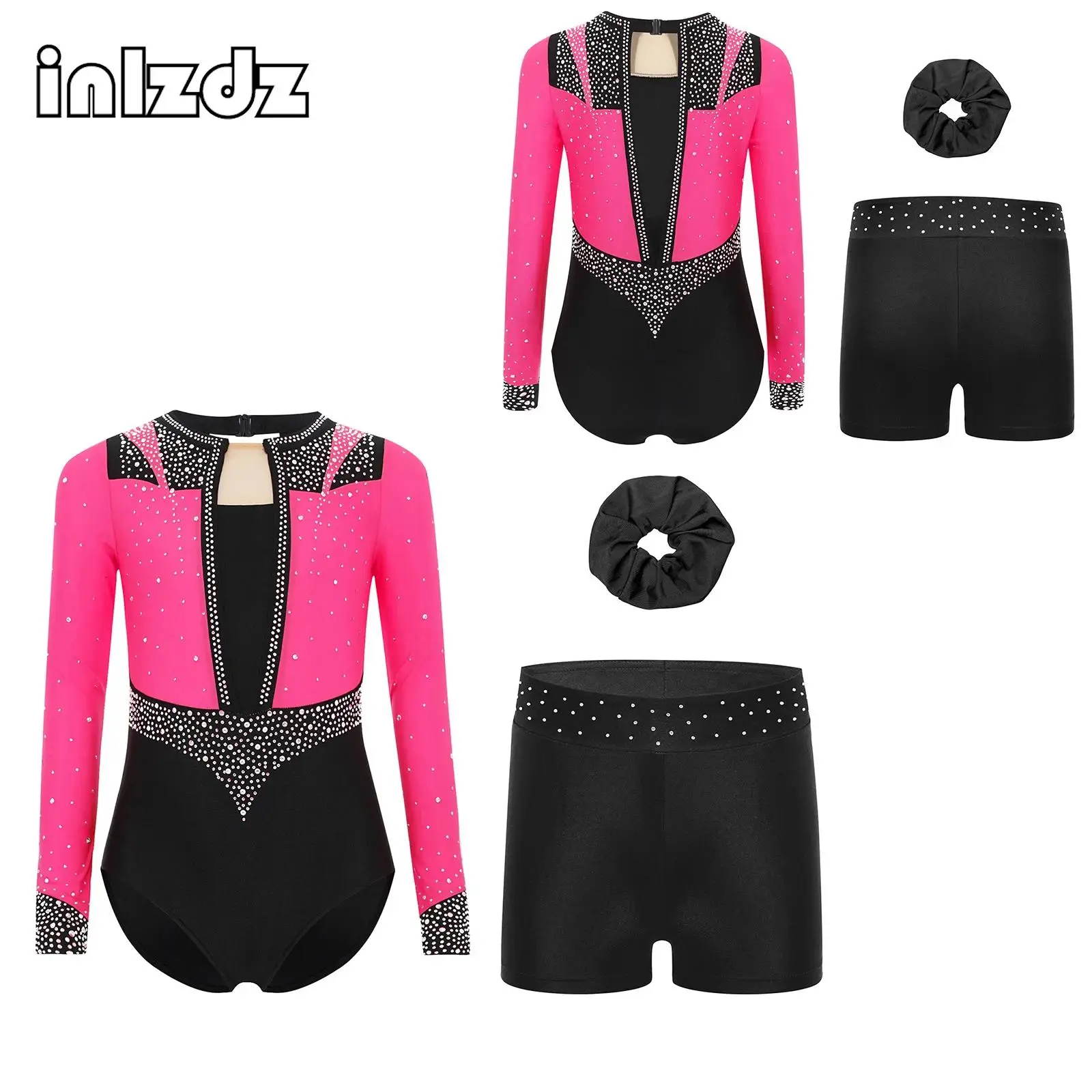 

Kids Girl Gymnastics Figure Skating Dance Outfit Ballet Performance Set Long Sleeve Keyhole Back Leotard+Shorts+Hair Band Outfit