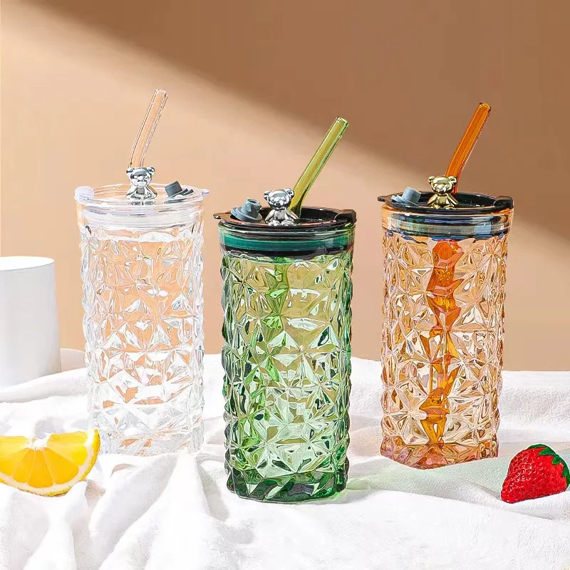 Bear series glasses with straw cups  cute office cups milk cups   to drink 400ml bottles