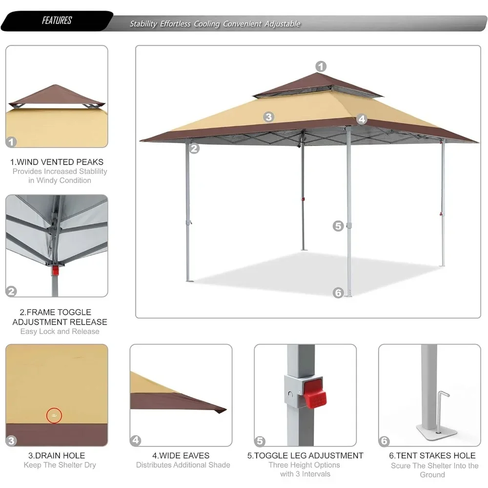 Imagem -03 - Khaki Camping Canopy Tent Fácil Set-up Tarp Tendas Sun Shade Tourist Toldo Shelter tipo Tent Mesh 13x13 169 Sq.ft ao ar Livre