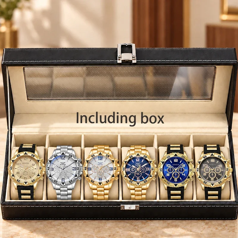 6 in 1 Geneva Mens Watch Set Multi-function Quartz Wristwatches With 6 Slots Leather Watch Storage Box Men Collection Gift