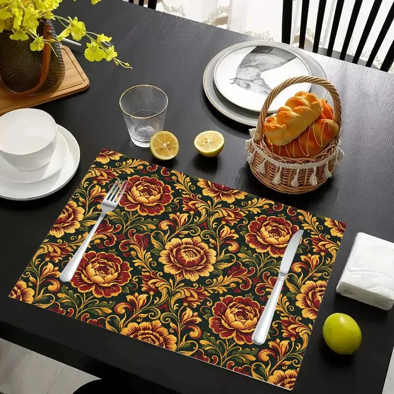 VIKAMA Placemat Red Gold Peony Flowers Print, Waterproof Oil-Proof Heat-Resistant Dining Table Mat for Home