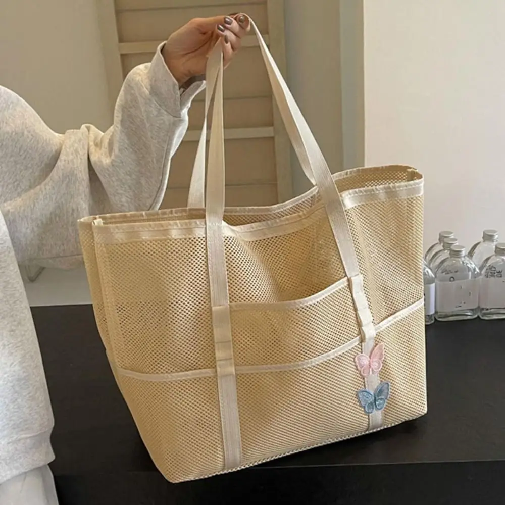 Bolso de hombro de gran capacidad para mujer, bolsa de mano portátil, suave, hueca, para playa, resistente al desgaste, de malla, para compras