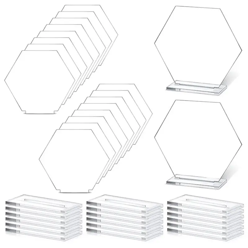 

Набор из 18 акриловых шестигранных номерков для стола с подставкой, прозрачные, для сублимации, для украшения вечеринок.