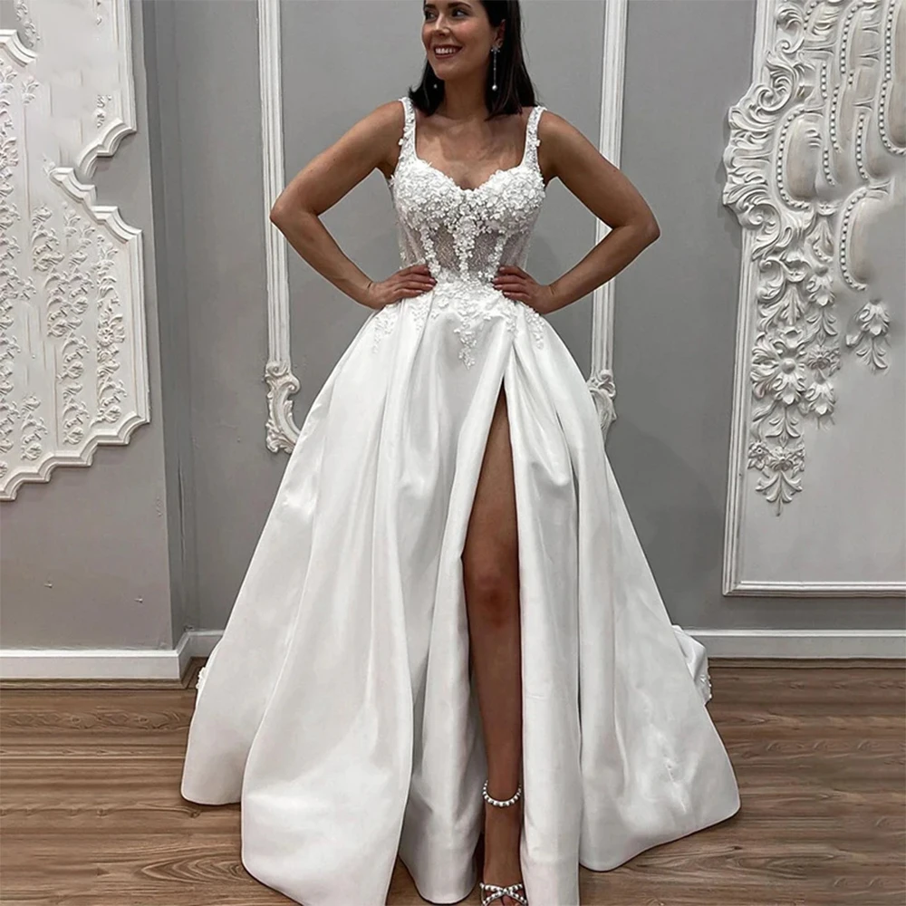 

Customized Satin A Line Wedding Dress Lace Bridal Dress With High Slit And Court Train Elegant Bridal Gown For Reception