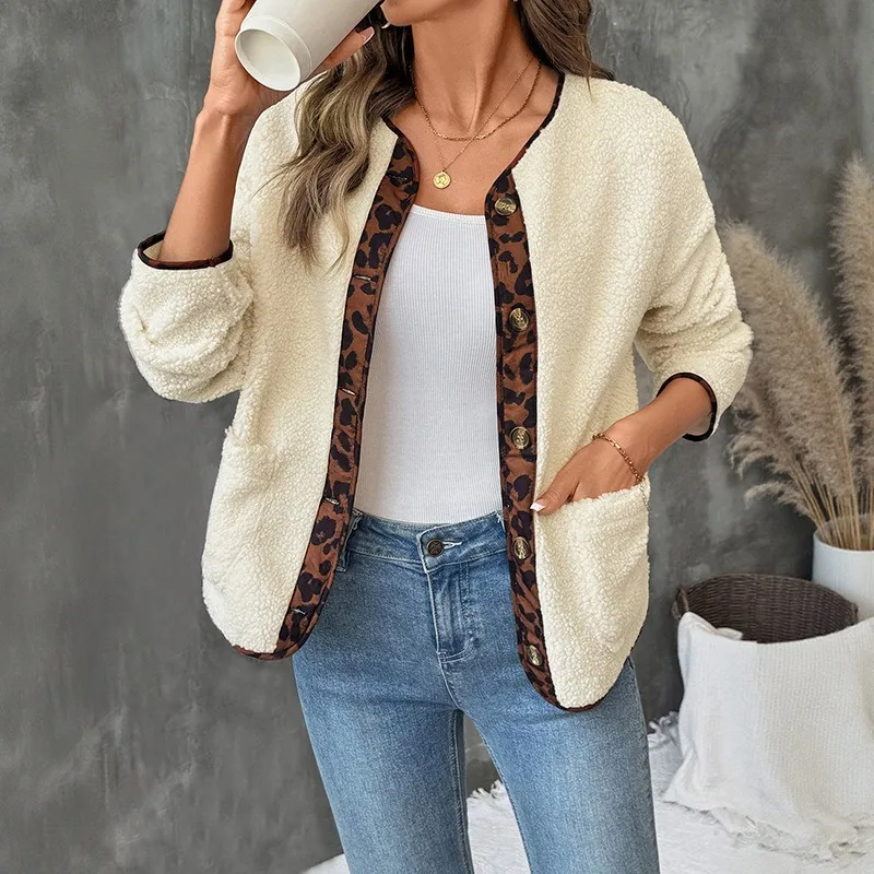 

Осень-зима 2022, повседневный кардиган с леопардовым принтом и контрастными краями, женская утолщенная флисовая куртка с круглым вырезом в европейском и американском стиле