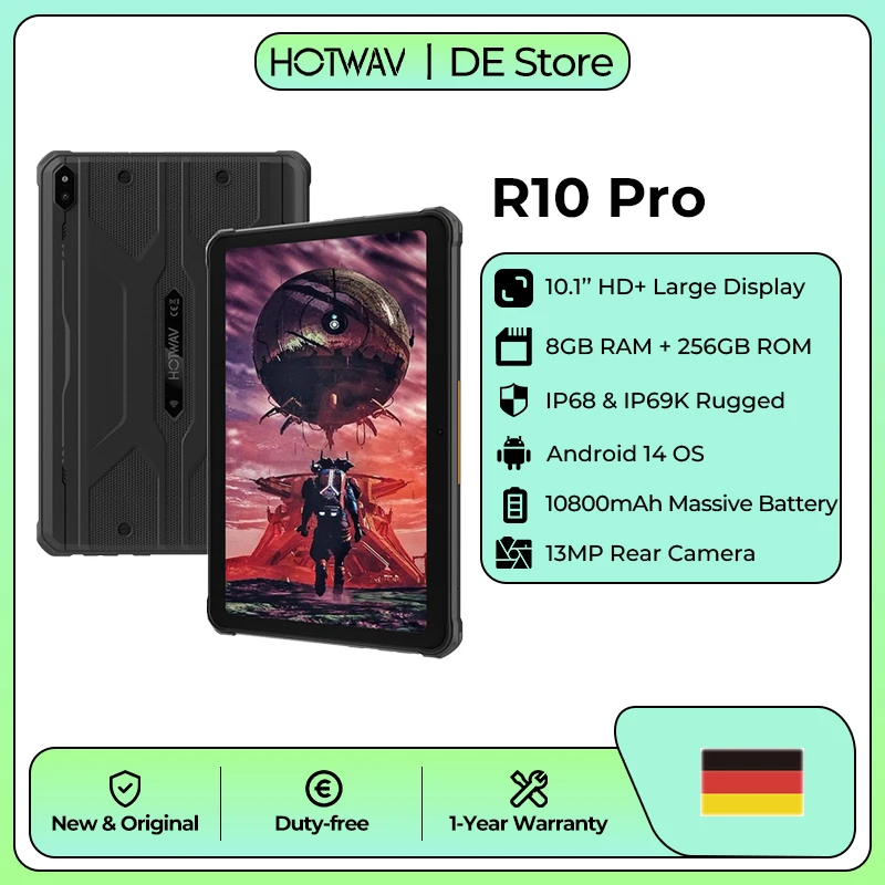 HOTWAV R10 Pro: robuuste tablet, valbestendig en waterdicht, met Android 14 besturingssysteem, 10,1 inch HD+-scherm, 10800 mAh batterij, 13 MP + 5 MP camera, 8 GB RAM, 256 GB ROM, octa-core processor,