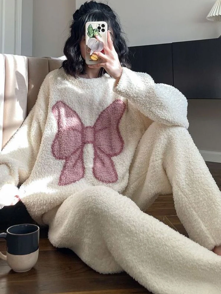 Pajama Sets Women Sweet Bow Design Simple Loose Cozy Warm Homewear Winter Korean Style Thicken Casual Fashion Ladies Creativity