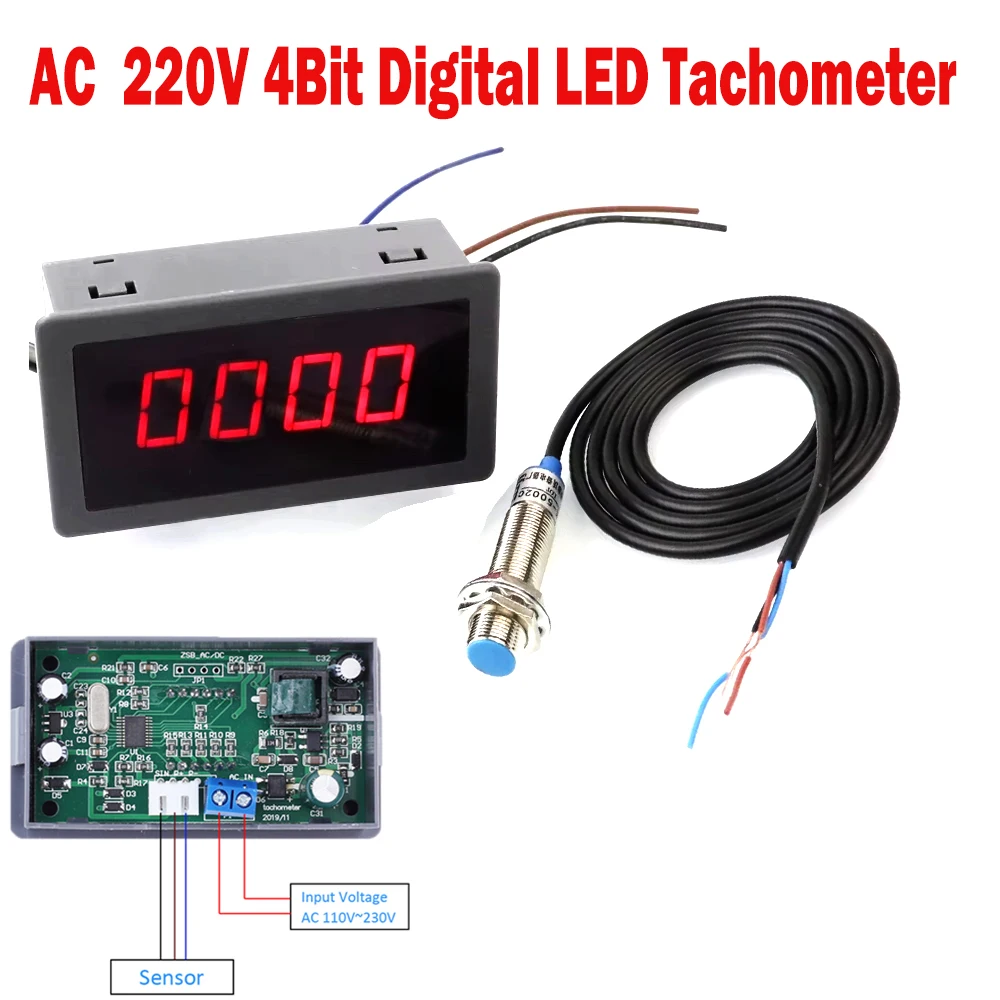 AC 110 В 220 В 4-битный цифровой светодиодный тахометр, измеритель скорости вращения в минуту, датчик приближения Холла NPN, инструмент для ремонта автомобиля
