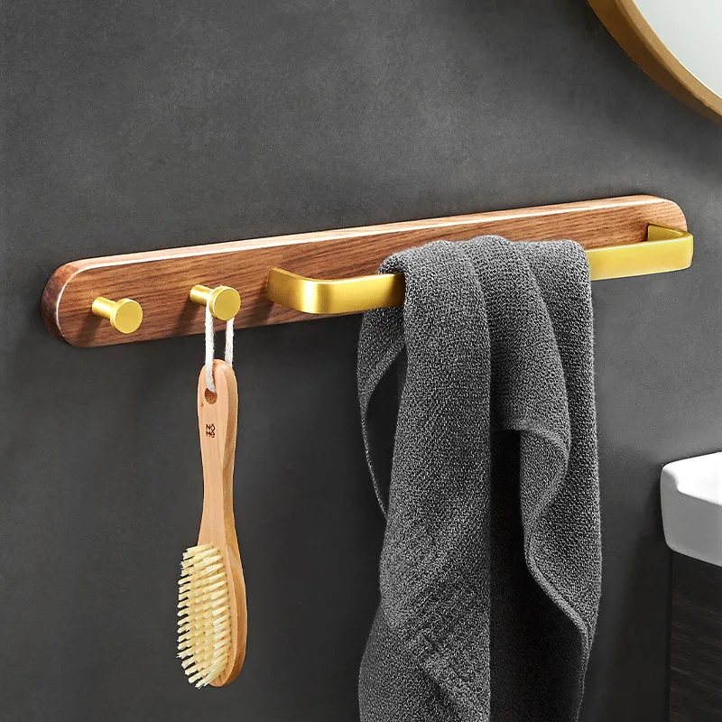 Golden Space Aluminum Towel Rack with Hooks, Bathroom Solid Wood Rack, Toilet Towel Bar, Kitchen Rack, No Drilling Required