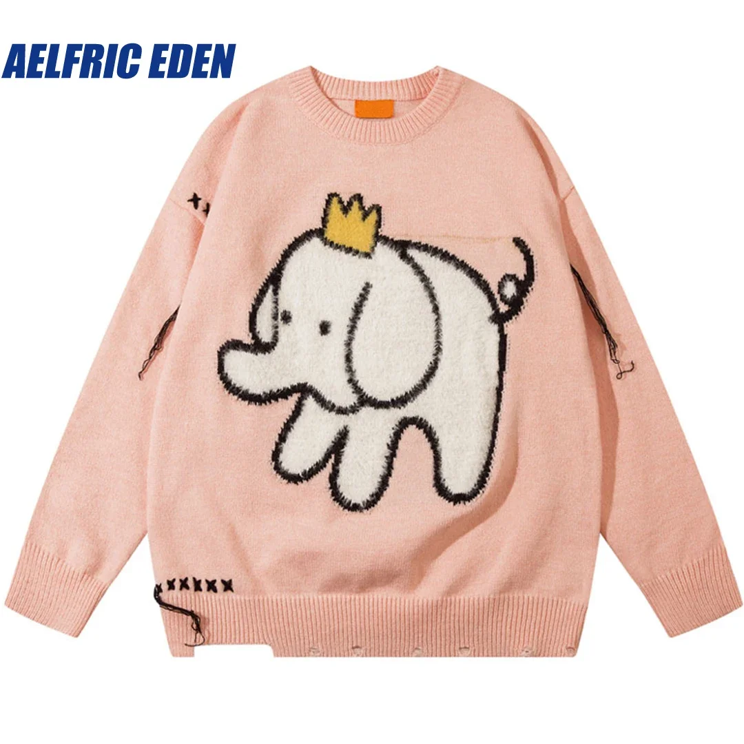 Aelfric Eden Elephant Ripped Sweater 2023 Y2K Harajuku Knitted Funny Kawaii Cartoon Fluffy Fuzzy Jumper Hip Hop Fashion Pullover