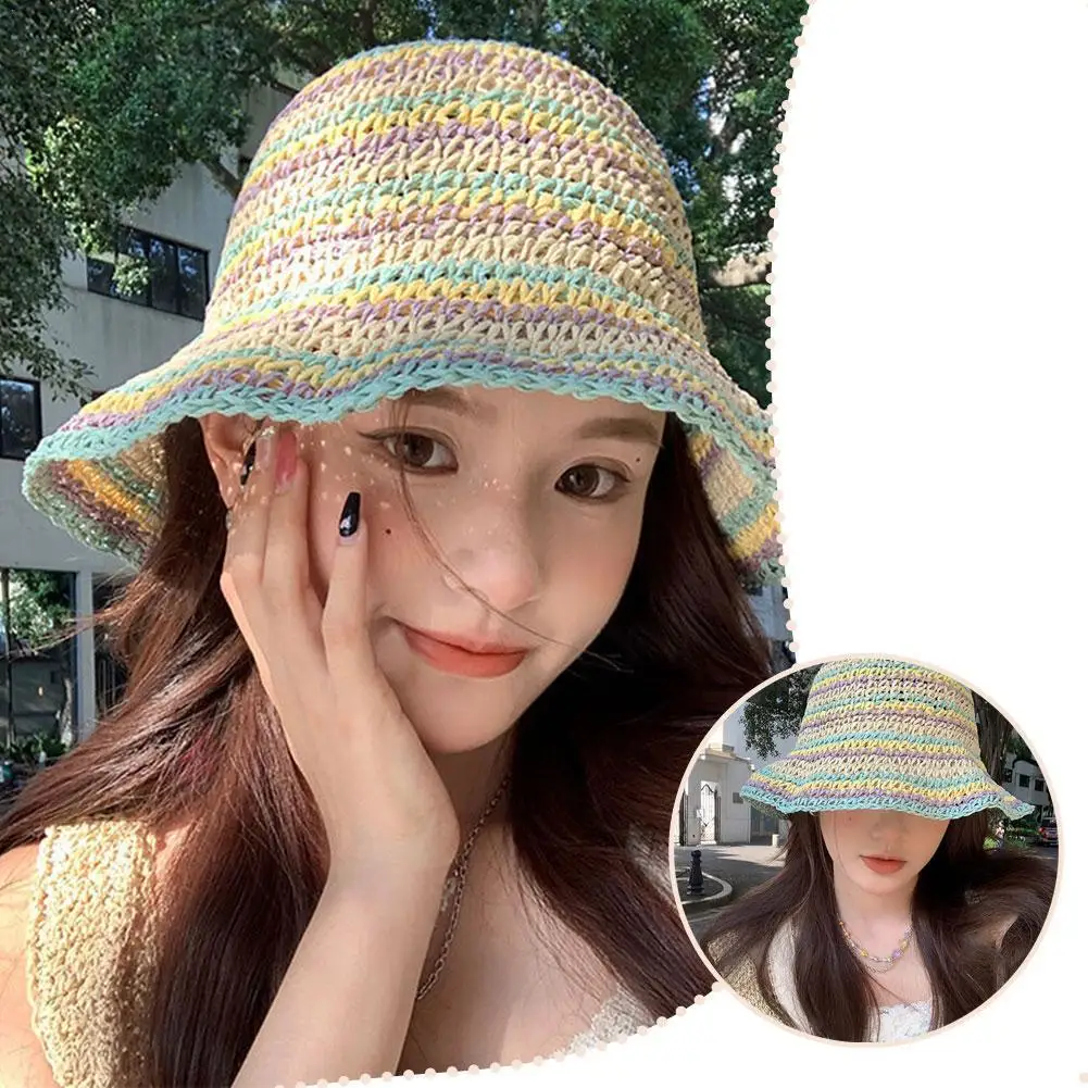 

Summer Sunshade Hat Straw Woven Fisherman Handmade Crochet Bucket Hat Female Beach Patchwork Sunscreen Cap