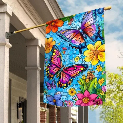 Butterfly Garden Flag Stained Glass Floral Spring Summer Yard Decor ZZY