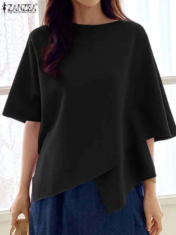 ZANZEA 2024 Summer 3/4 Sleeve Ruffle Hem Top Shirt Women Fashion Blouse Chic Round Neck Loose Blusa Elegant Irregular Work Tunic