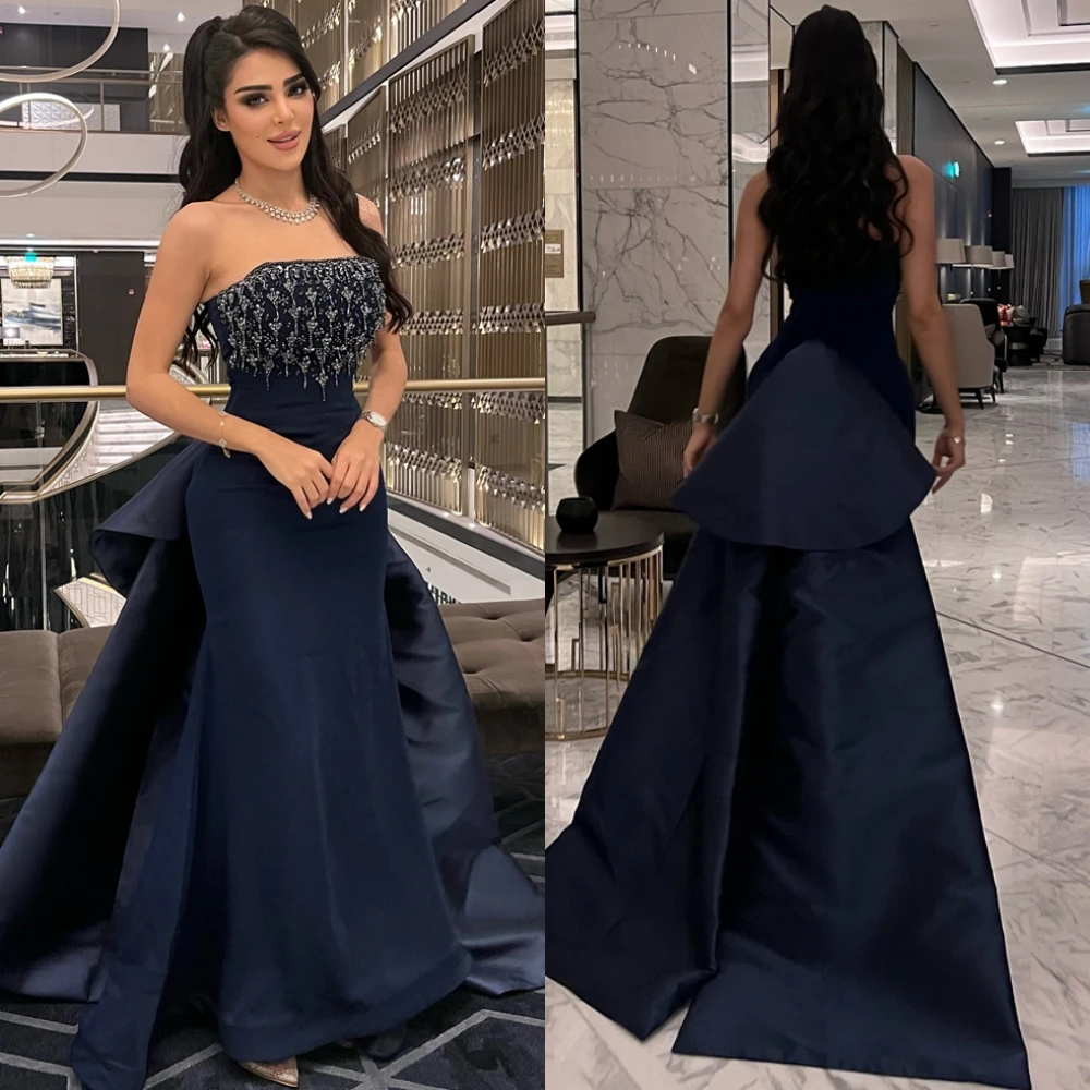 

Customized Elegant Blue Jersey Evening Dress Formal Strapless Sleeveless Prom Dresses Delicate Beading Mermaid Celebrity Gowns