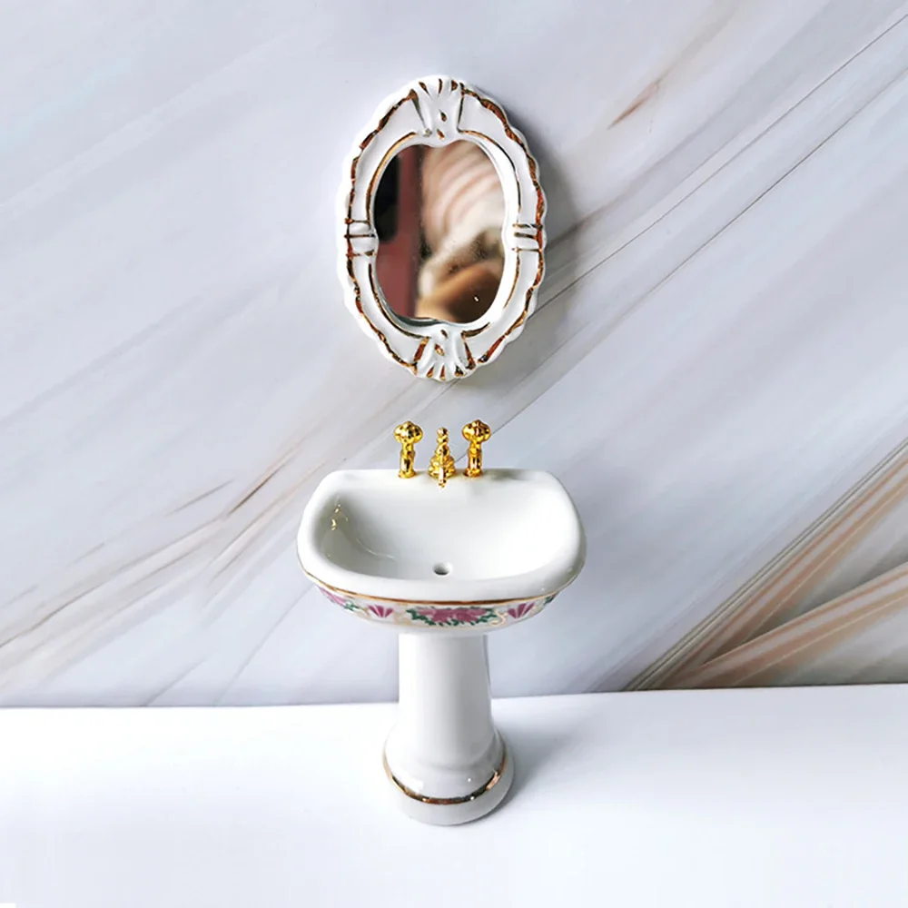 4 ชิ้น 1/12 Dollhouse Miniature อุปกรณ์เสริม Mini ชุดห้องน้ําอ่างอาบน้ํากระจกอ่างล้างหน้าสําหรับตุ๊กตาตกแต่ง ob11