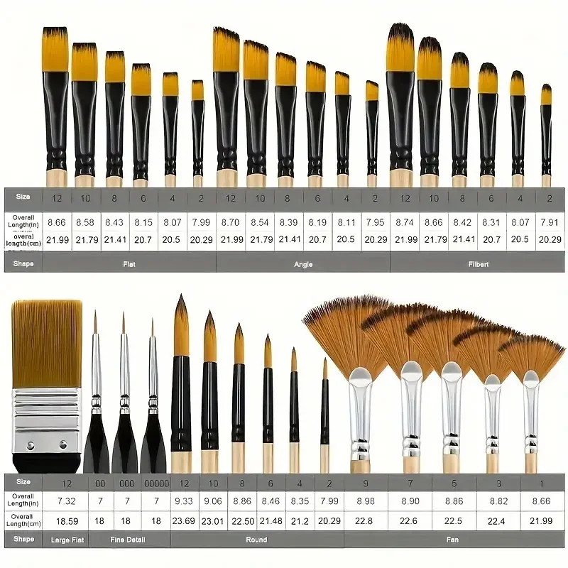 33pcs multi model art brush set, nylon bristles, circular, flat, fan-shaped, detail angle brushes, suitable for beginners