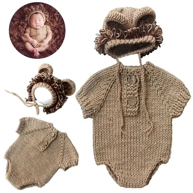 Lion Costume Newborn Photography Prop, Baby Animal Onesie Outfit for Photo Shoot, Handmade Crochet Set for Infant Boy Girl Twins