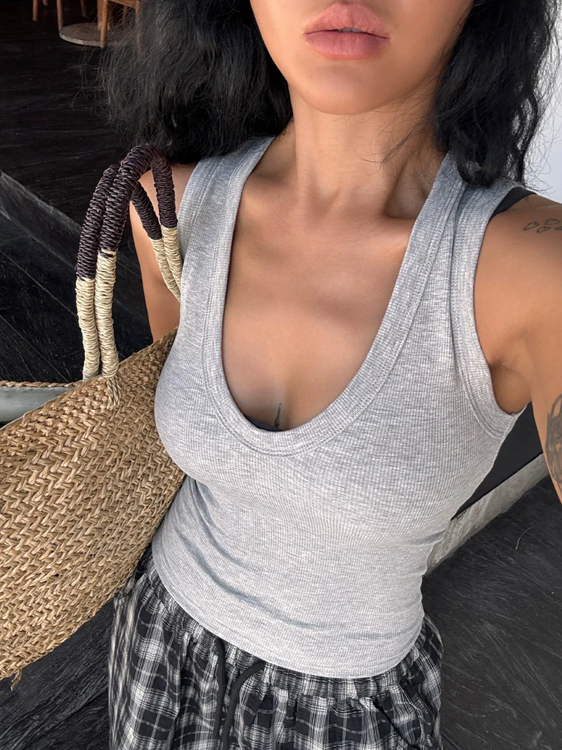 Y2K Ribbed Deep U Neck Sleeveless Tank Top Casual Cami Top For Women