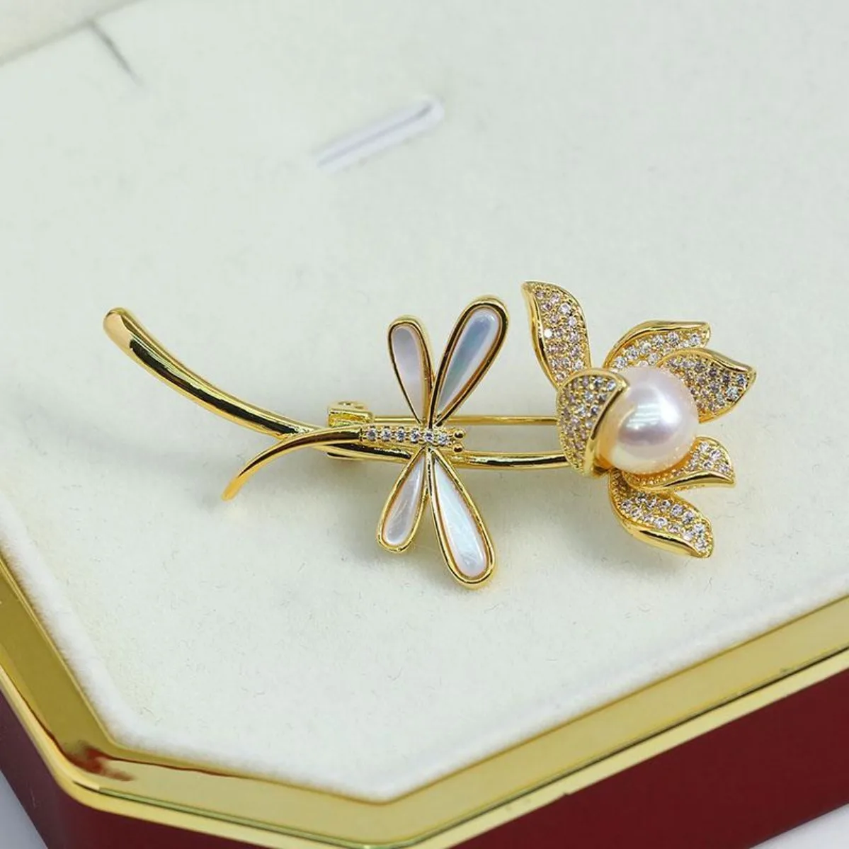 Brass Gold Plated Dragonfly Lotus Brooch Setting, Zircon Inlaid Pin, DIY Pearl Corsage Jewelry Making Supply