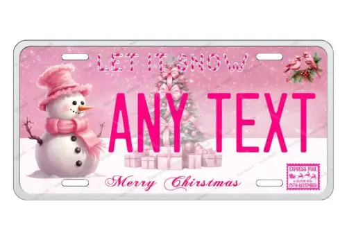 Pink Christmas Snowman Winter Personalized License Plate Tag Auto Car Bike MOPED Aluminum