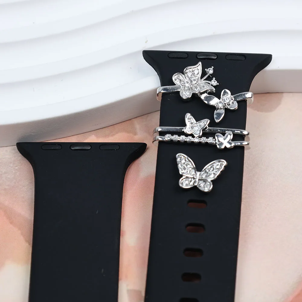 New Diamond Ornament Metal Charms Silicone Strap Decorative Ring For Apple Watch Band Decor Accessories For iwatch Bracelet