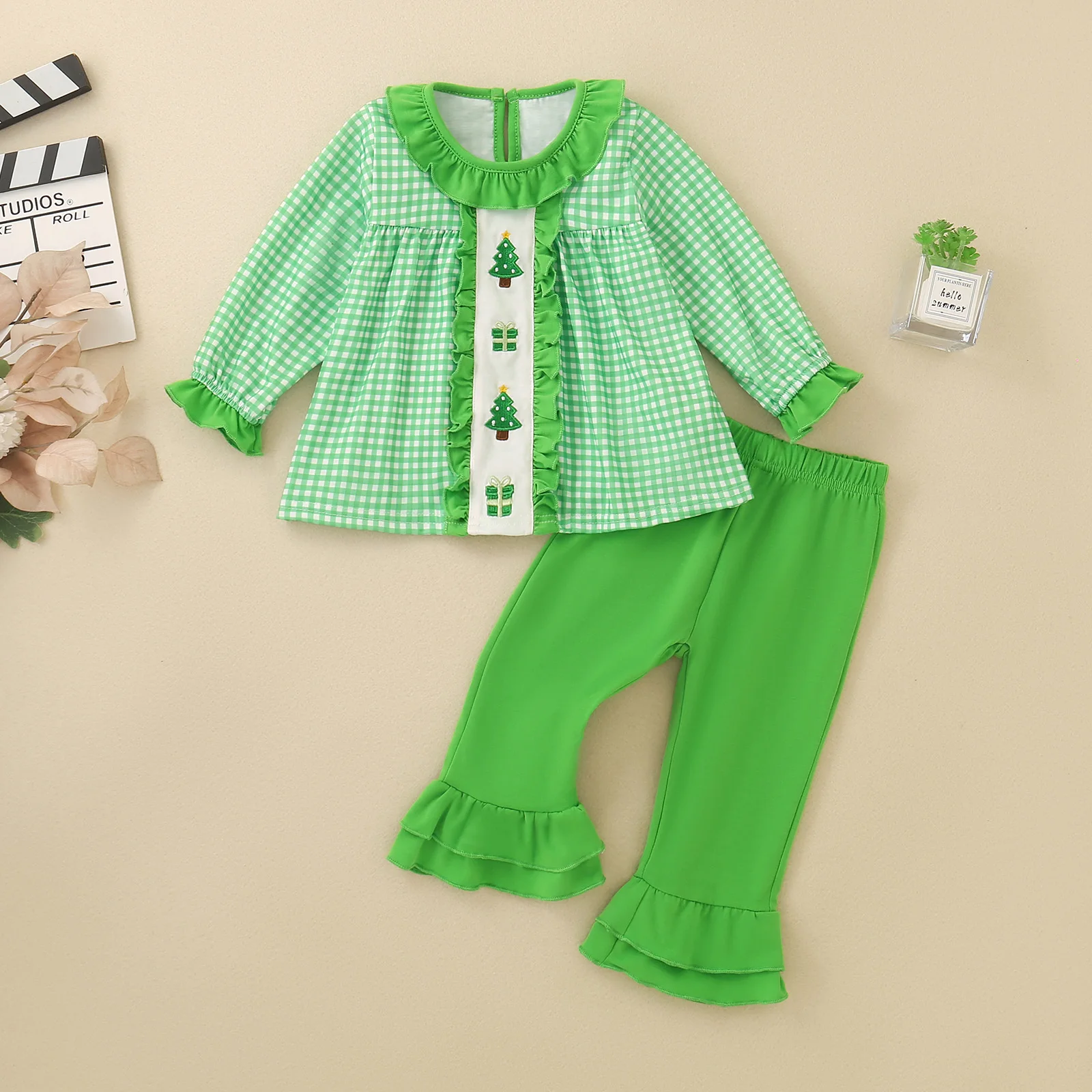 Baby Girl Christmas Tree Embroidery Pajamas Set Green Plaid Ruffle Blouse Flared Trousers 2 Piece Toddler Holiday Outfit