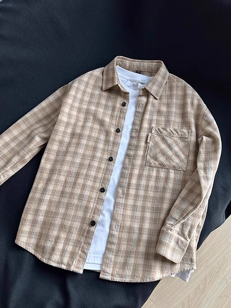 

Khaki Vintage Plaid Men's Long Sve Cotton irt American Sle Spring Faion Stand Fit Youth ular Collar Stand Collar