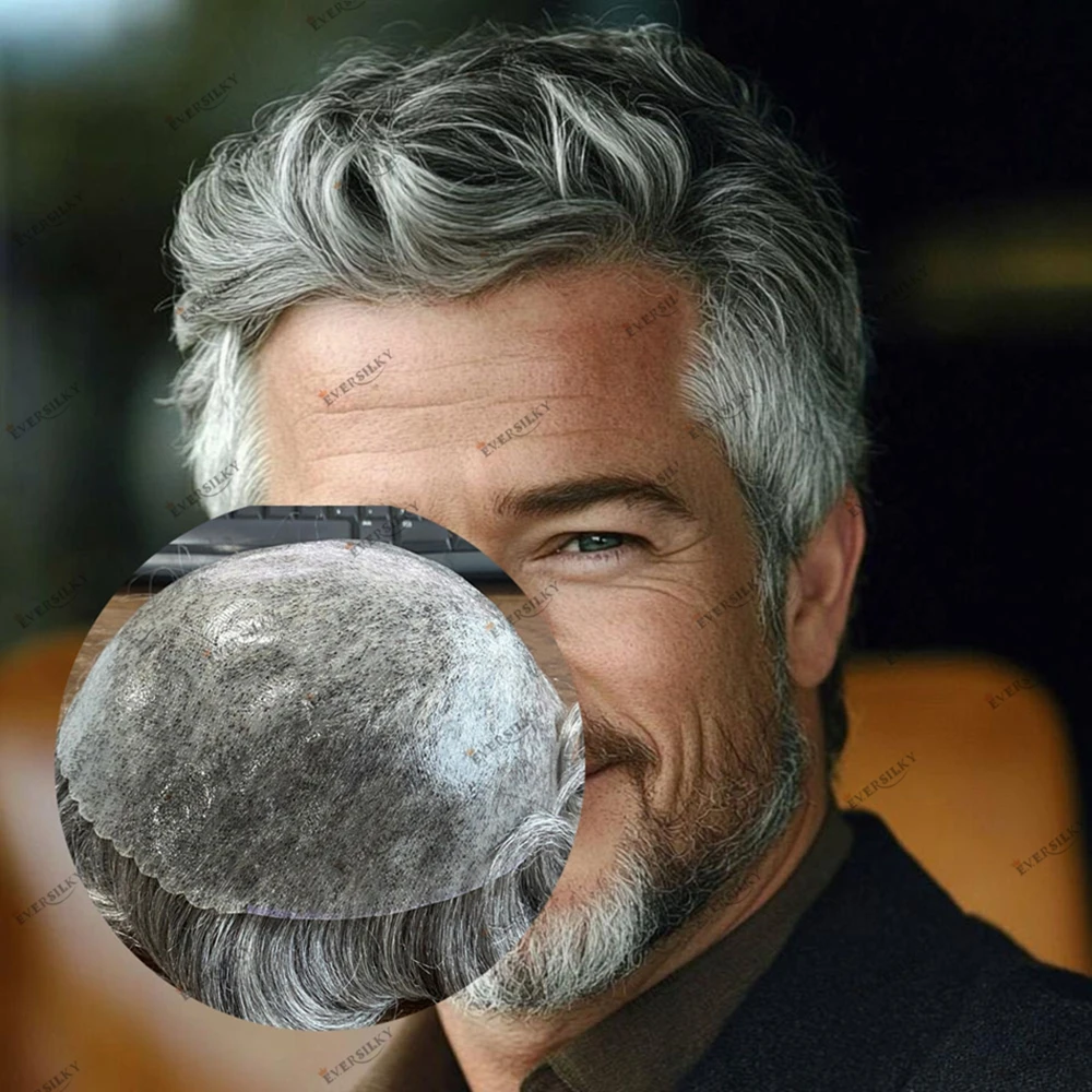 

Мужской парик из натуральных волос, серебристо-серый, черный 1B40 1B50, незаметный капиллярный протез, полностью на полиуретановой силиконовой основе, прочный мужской парик