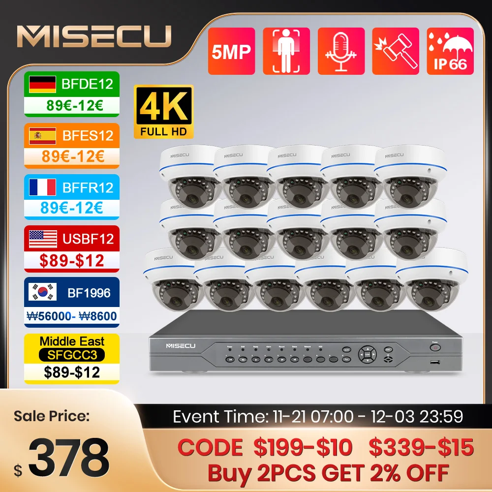 MISECU 16CH HD 5MP Dome POE Security Camera Kit Face Detect Indoor Waterproof NVR IP Camera CCTV Surveillance System H.265 P2P