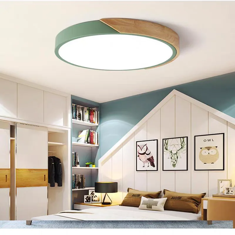 

Round Square Wood LED Ceiling Light Nordic Macaron Color Lamp Hotel Restaurant Cafe Hall Bedroom Bar Modern Minimalist Lighting