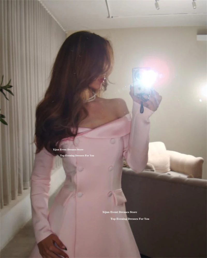 Xijun Blush Pink Crepe Short Evening Dresses Off The Shoulder Button Prom Dresses Saudi Arabric Formal Prom Gown Customized 2025