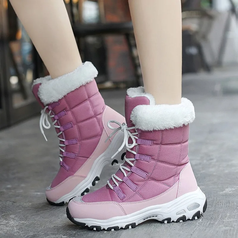 Women's Snow Boots Winter Warm Mid-calf Boots With Thick Northeast Cotton Lace Up Shoes Non-slip Oxford Cloth Sports Shoes