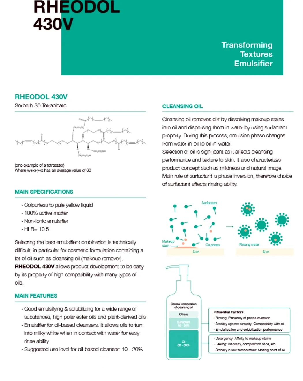 Venda quente japonês Kao Removedor de maquiagem Emulsificador de óleo RHEODOL 430V Mistura fria Limpeza Ingrediente de cuidados com a pele