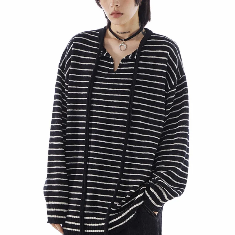 

American Retro Striped Tie Casual for Women, New Autumn Simple Lazy Style Loose Slimming Knitted Sweater Trend
