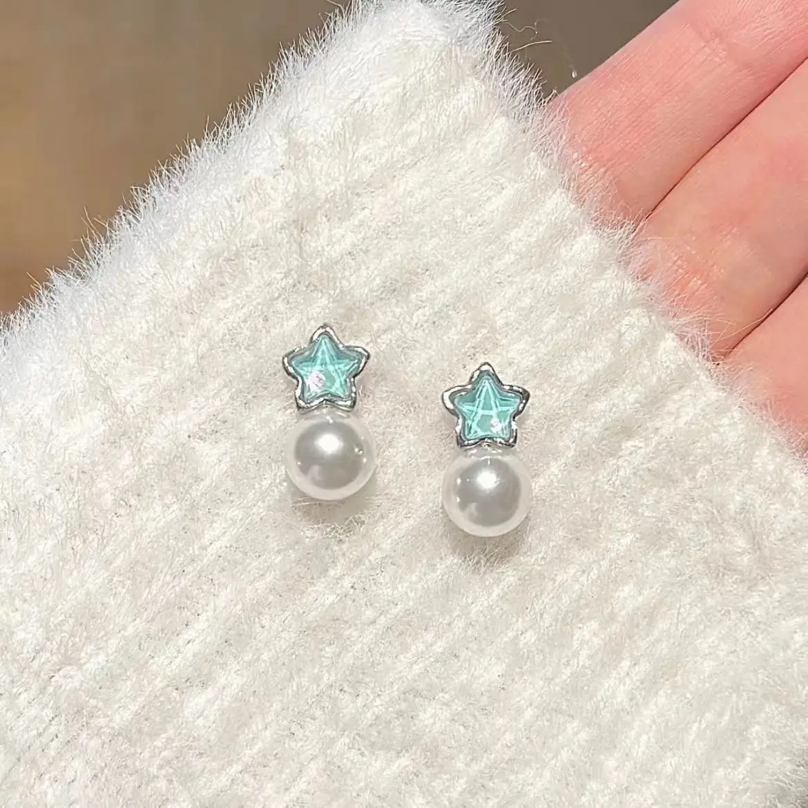 

Y2K Korean Blue Pentagram Star Earrings for Women Crystal Zircon Sweet Pearl Drop Earring Girl Wedding Party Jewelry Gifts