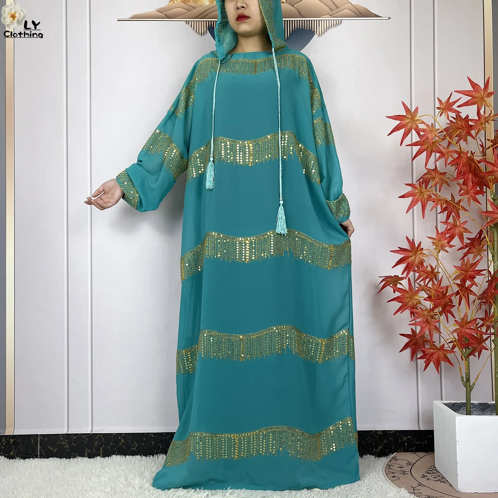 2024 Muslim Abayas For Women Prayer Garment Ramadan Chiffon Sequin Loose Long Sleeved Boubou Maxi Islam Femme Robe With Hooded