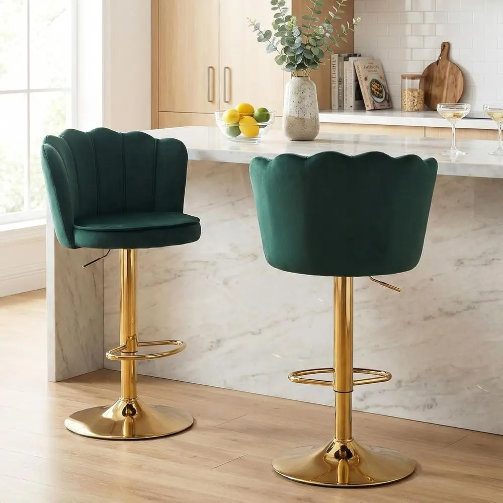 

Комплект из 2 регулируемых барных стульев из велюра с подлокотниками и золотым основанием для кухонного острова или бара, зеленый