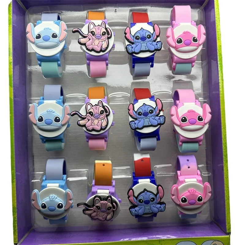 Disney Cartoon Wristwatches for Children Blue Stitch Watch for Kids Flip Cover  Silica Gel Watches 4PCS Set Blue Pink Purple