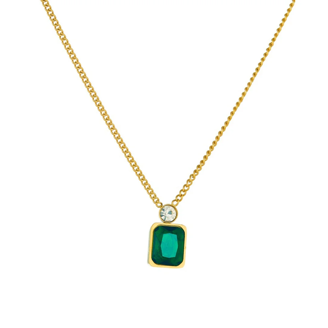 

Punk Fashion Iced Out Zirconia Green Square Charm Pendant Femme Gold Color Stainless Steel Chain Link Necklace for Women Jewelry