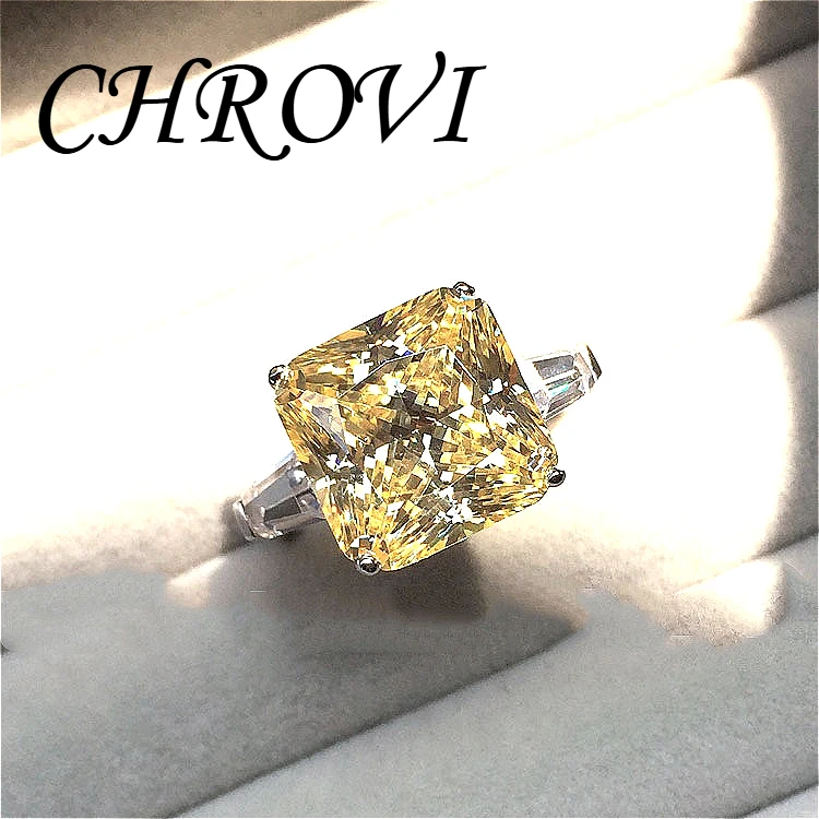 Women's Ultra-Sparkling Yellow Diamond Ring with Zircon Princess Square 925 Sterling Silver Light Luxury Jewelry