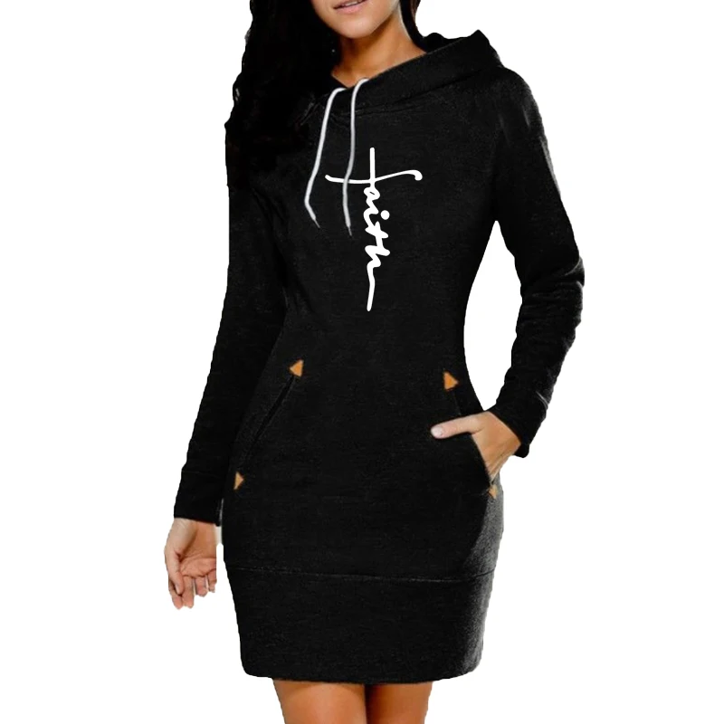 Women Hoodie Dress Sweatshirt Pullover Dress Autumn Winter Printed Cotton Long Sleeve Slim Pocket Hoodie Dress S-3XL